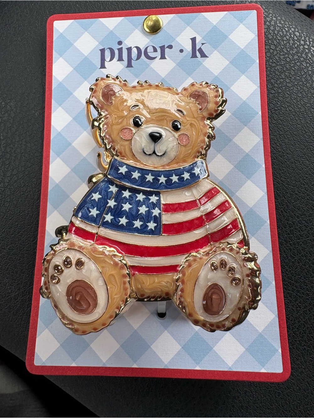 Piper•k Patriotic Bear Enamel hair clip- wearing a USA Flag Sweater- new